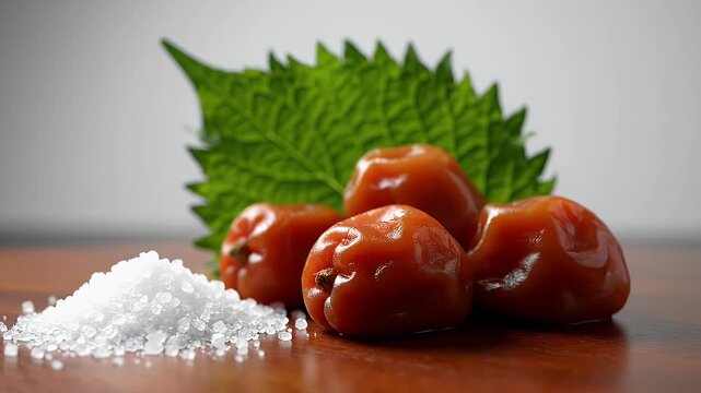 Four Reddish Brown Pickled Plums Beside White Coarse Salt and Green Leaf on Wood