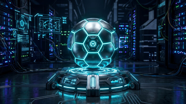 Futuristic Hyper Realistic 3D Render Of A Glowing Cyber Soccer Ball On A Neon Pedestal