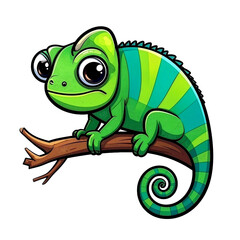 Fototapeta premium A cartoon illustration of a green chameleon with large eyes sitting on a branch. Its body has stripes of dark green and light green, and its tail is curled