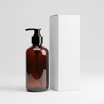 Amber glass cosmetic pump bottle with blank white paper box packaging container
