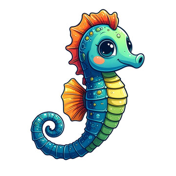 A cute cartoon seahorse with big eyes, a curled tail, and colorful fins, against a white background