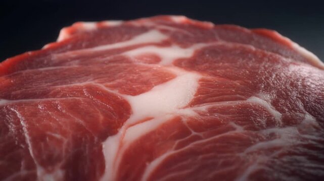 Cinematic Extreme Macro Slow Push Across A5 Wagyu Beef Slice with Ultra Fine White Marbling Fat Pattern Background