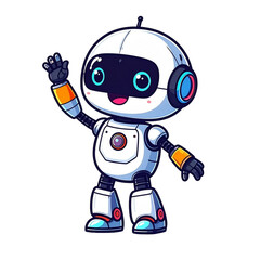 Fototapeta premium A cute, cartoon-style robot waving. It has large blue eyes, a friendly smile, and a white body with orange and blue accents. This robot is waving hello to the viewer