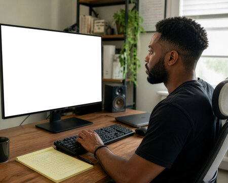 Young man working from home at computer desk with blank monitor

