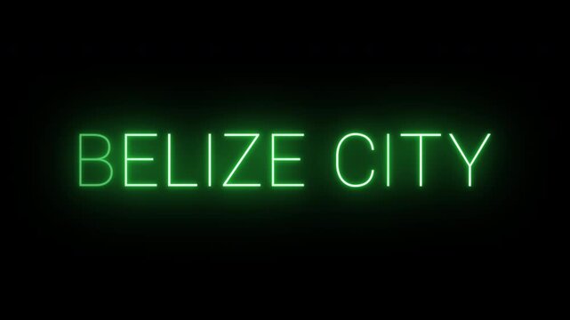 Flickering neon green glowing belize city sign animated black background.