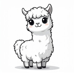 Naklejka premium A cute, fluffy white llama with big eyes, a small smile, and curly wool stands on four legs. The llama has tufts of wool on its head and a puffy tail