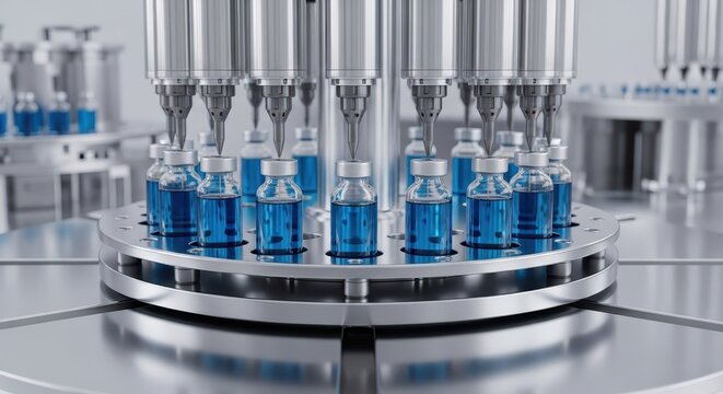 Pharmaceutical manufacturing process with vial filling machines and lab equipment