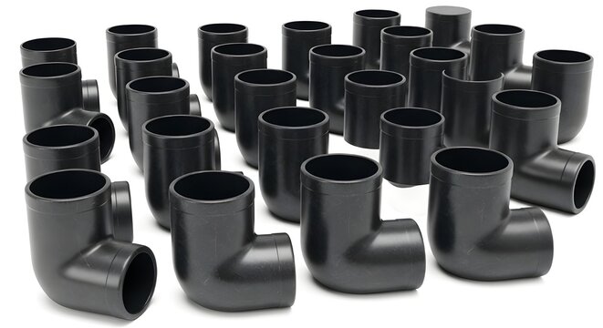 Rows of black pvc coupling fittings arranged neatly on a white background, illustrating plumbing components designed for secure pipe connections and fluid transport.