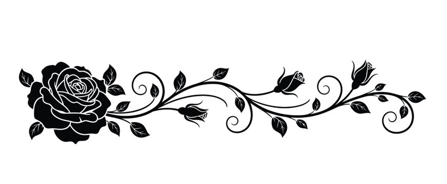 Black rose floral vine design with leaves and buds