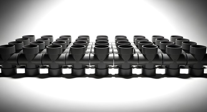 Rows of gray pvc pipe end caps arranged neatly, showcasing protective plumbing accessories designed to seal and secure pipeline systems effectively.