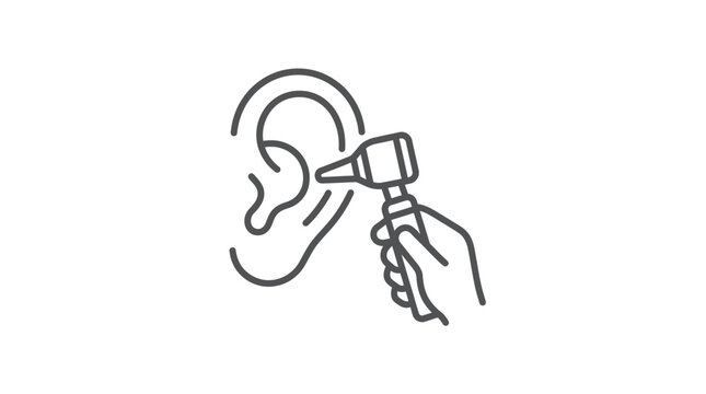 Hand holding otoscope for ear medical examination icon.