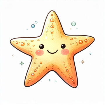 A cute, smiling cartoon starfish with rosy cheeks and sparkling eyes, surrounded by tiny bubbles and glittery accents. Its body is a bright orange-yellow.