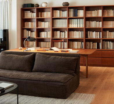 Indoors of Desk and bookshelves in the living room