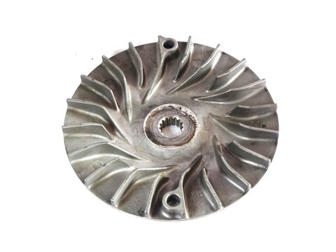 Close-up photo with white background of the front fan pulley (variator cooling fan) for a CVT automatic scooter.