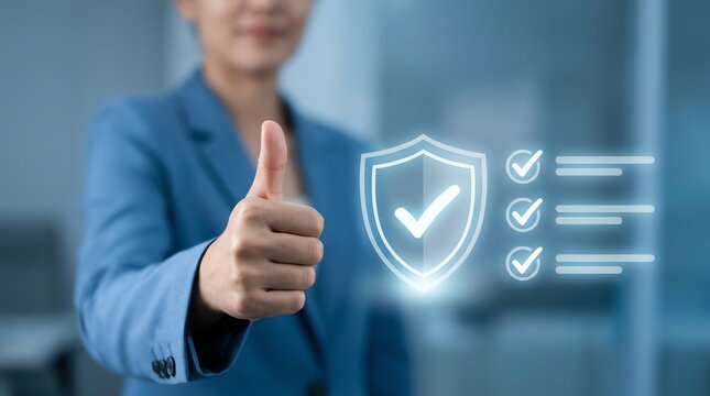 A professional gives a thumbs-up gesture with a glowing security shield icon, signifying trust and approval for safety and protection services