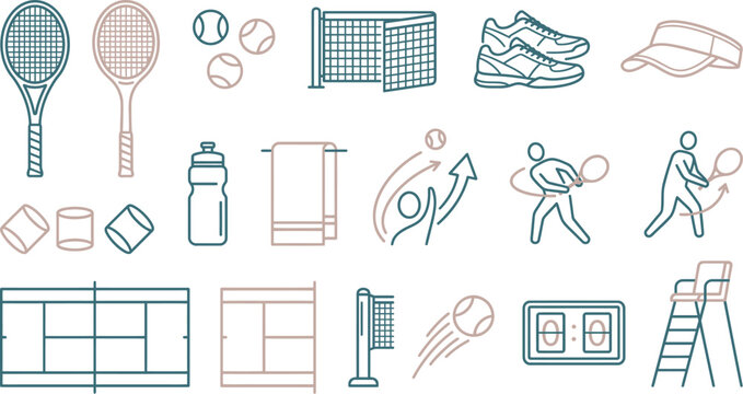 Tennis sport vector graphic illustration set featuring various equipment icons in blue and beige colors