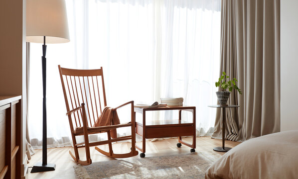Interior of reading corner in a modern minimalist bedroom