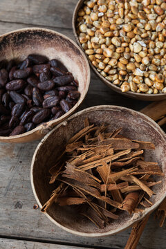 Three Bowls of Natural Ingredients for Chocolate drink