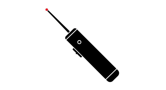 Black silhouette of a laser pointer with a red dot on a white background.