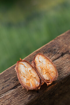 Sliced cacao pod revealing its unique seed structure