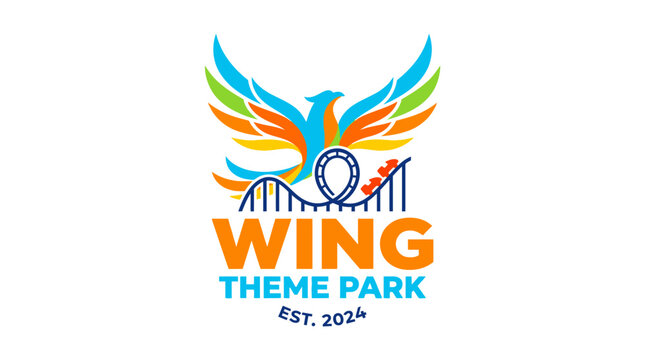 Colorful phoenix logo with roller coaster for theme park on white background