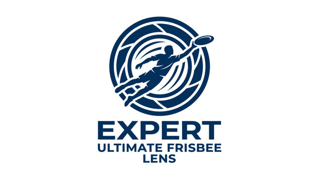 Vector logo of ultimate frisbee player catching disc in dynamic pose, circular design with text.