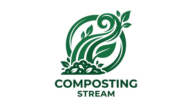 Green composting logo with swirling leaves and soil graphic