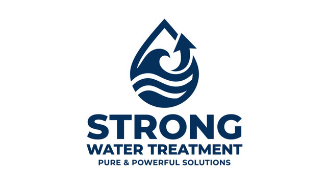 Water drop logo with wave and arrow, business branding for water treatment services.