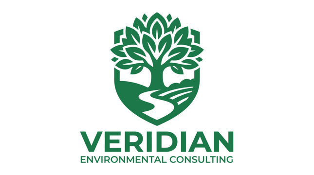 Green shield logo with tree and landscape, vector graphic element
