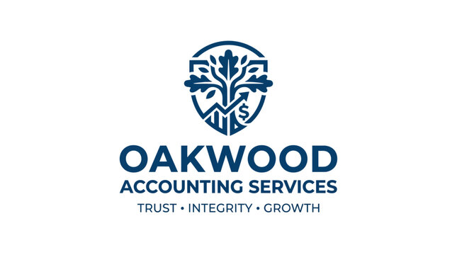 Oakwood Accounting Services logo featuring a shield with a tree and upward graph, symbolizing growth and financial success.