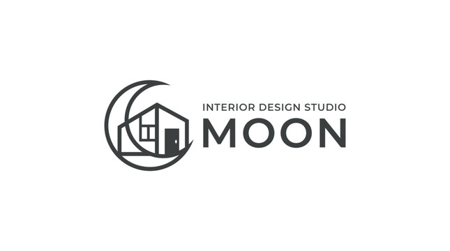 Interior design studio logo with moon and house graphic element
