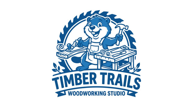 Cartoon beaver carpenter with hammer and wood, circular saw frame, woodworking studio logo