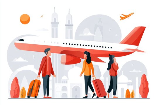 Group of diverse people standing near an airplane and cityscape background