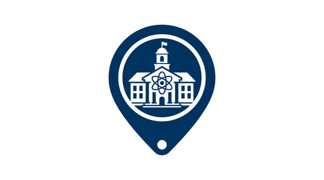 University building with atom symbol inside location pin vector graphic