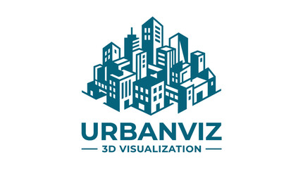 Fototapeta premium Modern city skyline graphic element with stylized buildings and text.