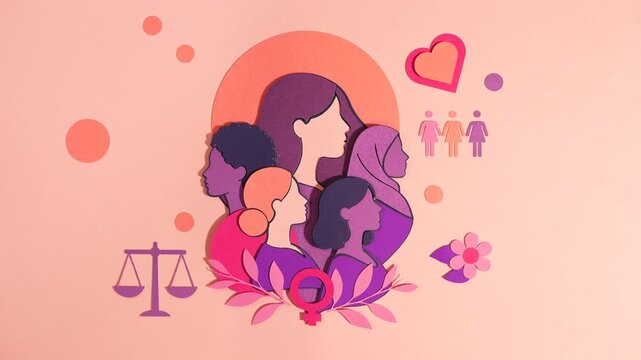 International Women's Day concept with diverse female profiles in paper cut art style. Women rights, feminism and gender equality background