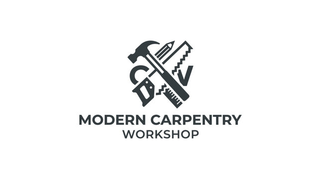 Modern carpentry workshop logo with hammer, saw, and pencil graphic element