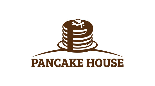 Pancake House logo with stack of pancakes and text on white background