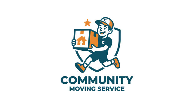 Cartoon character carrying moving box with community moving service logo