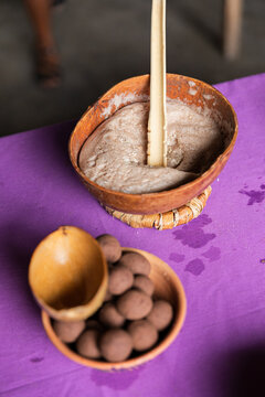 Artistic presentation of pozontle drink ingredients and tools