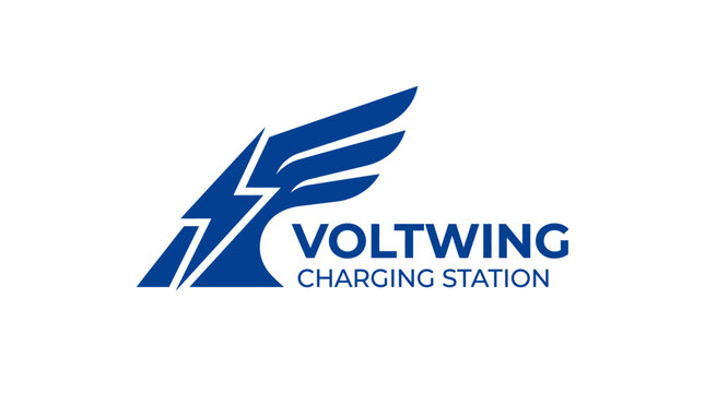 Modern blue lightning bolt wing logo with text for electric vehicle charging station