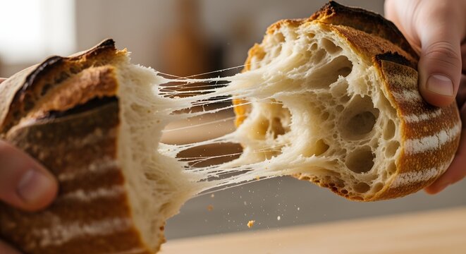 Hands pulling apart crusty bread with cheese