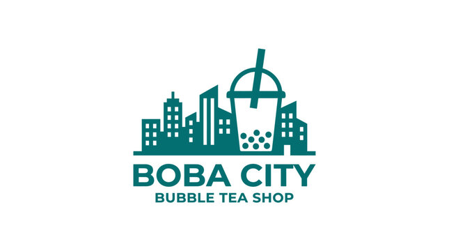 Bubble tea shop logo with city skyline and drink graphic element