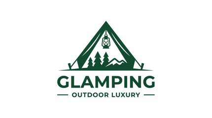 Glamping logo with tent, lantern, trees, and mountains, outdoor luxury concept © atha_lintar