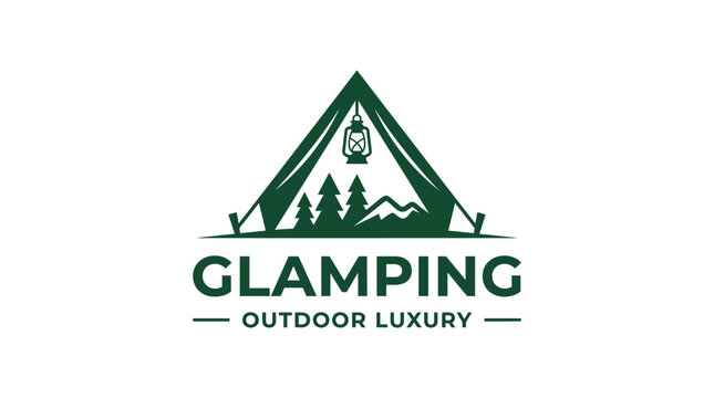 Glamping logo with tent, lantern, trees, and mountains, outdoor luxury concept
