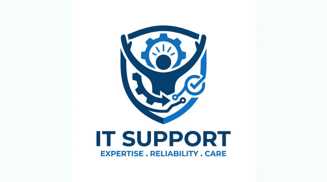 IT Support logo with shield, gear, and human figure in blue and white