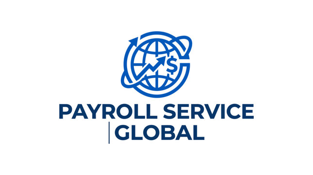 Global payroll service logo concept with upward financial graph and currency symbol