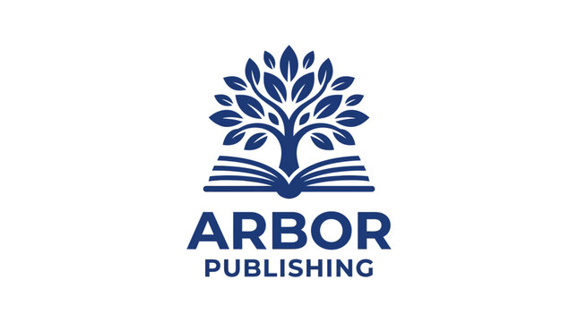 Open book with tree growing from pages, symbolizing knowledge and publishing, vector graphic