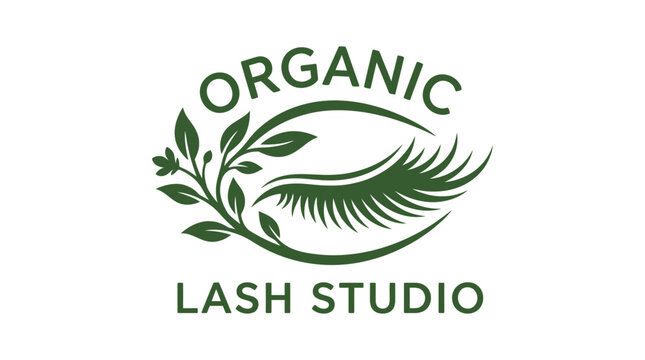 Organic lash studio logo with eye and leaf elements, vector graphic