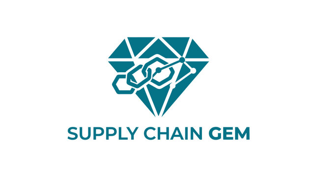 Teal diamond logo with blockchain links, representing supply chain innovation and technology